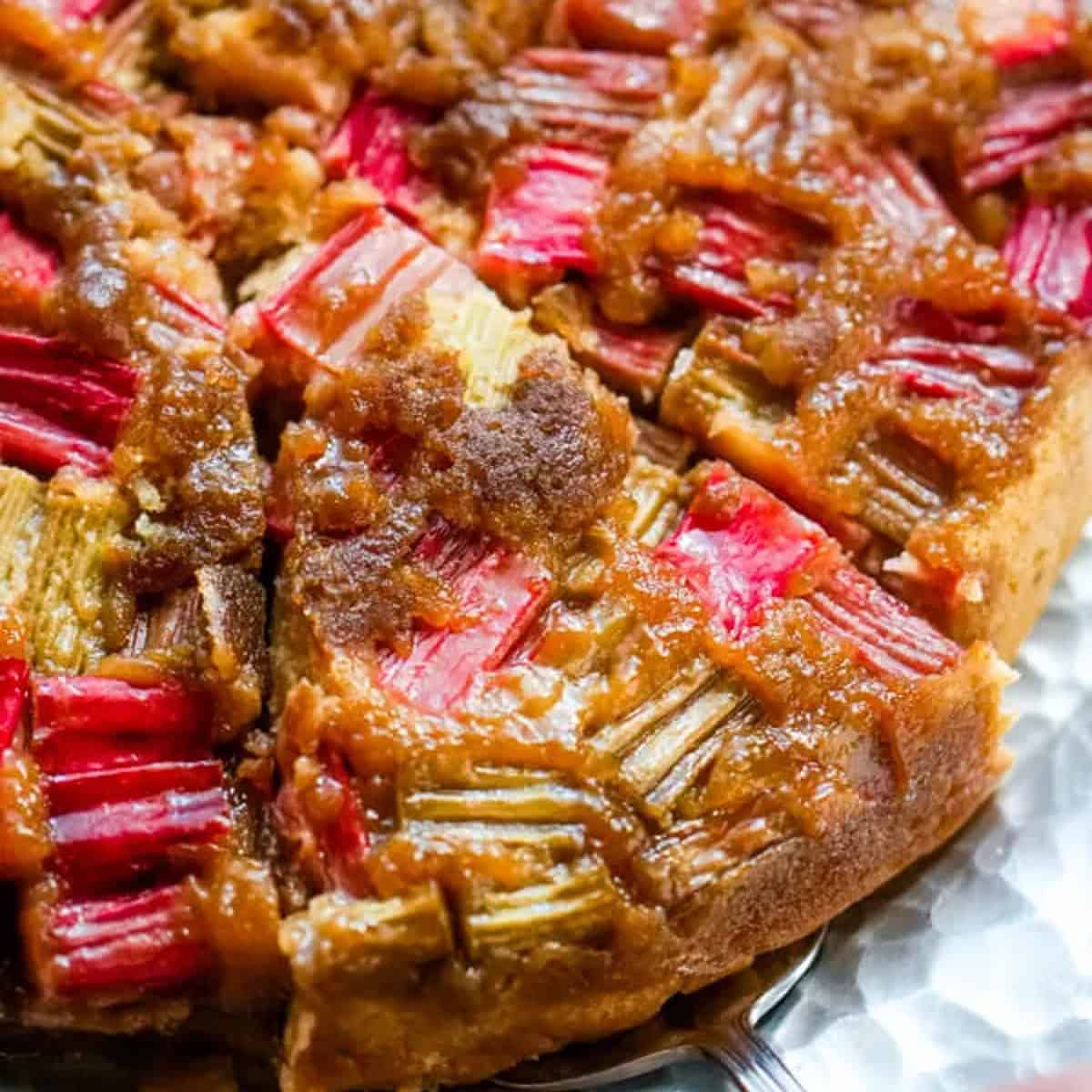 A slice of rhubarb upside down cake.