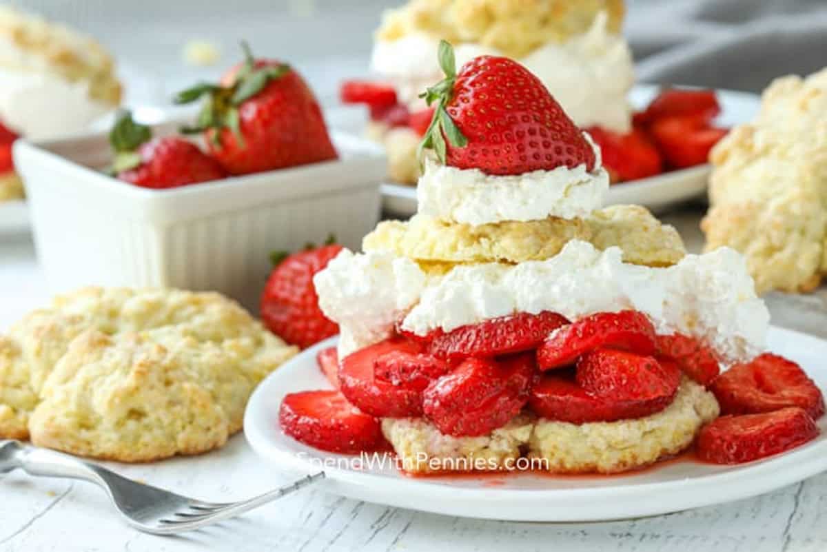 Strawberry shortcake on a white plate.