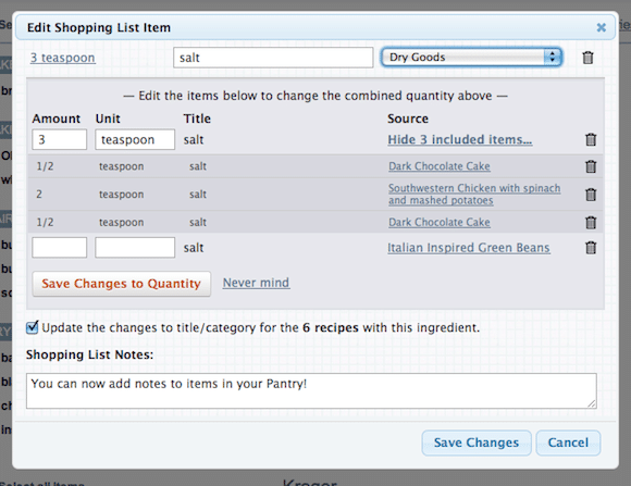 Edit Shopping List Items Dialog