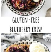 A scoop of ice cream on top of blueberry crisp in a black and white bowl.