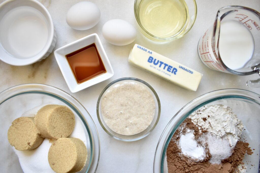 overhead view of sourdough cake ingredients